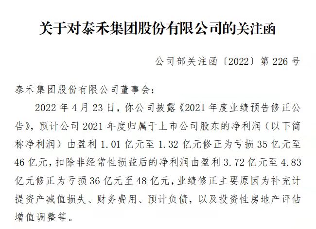 因业绩修正由盈转亏泰禾集团收到关注函，公司被执行总金额超160亿