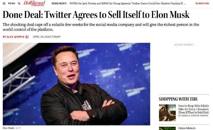 马斯克440亿美元收购推特：宣称将重新改写言论规章制度