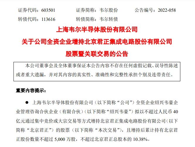 韦尔股份拟40亿增持北京君正,后者拥有多项专利