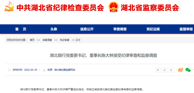 湖北银行首任董事长陈大林被查，曾在湖北省金融办任过职