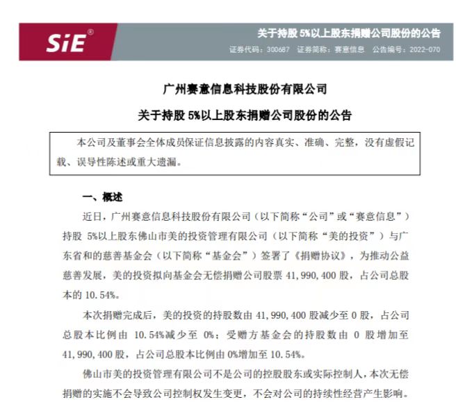 美的投资捐出近10亿元赛意信息股份，前者实控人为何享健