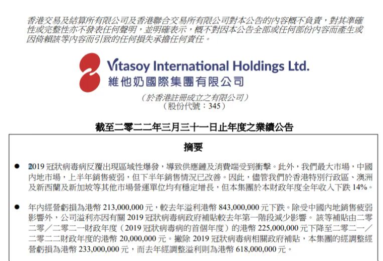 维他奶2021年经营亏损超2亿港元